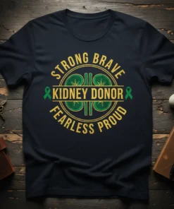 Strong Brave Kidney Donor Fearless Proud text with kidney graphic and green ribbon on a navy t-shirt