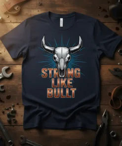 Strong Like Bullt text with a metallic bull skull graphic on a navy t-shirt, symbolizing strength and power