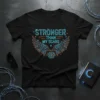 Black t-shirt with "Stronger Than My Scars" quote and blue/orange neon wings graphic
