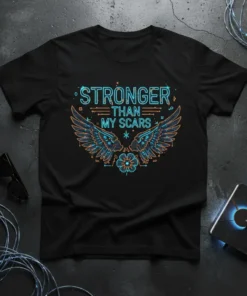 Black t-shirt with "Stronger Than My Scars" quote and blue/orange neon wings graphic