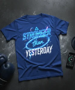 Stronger Than Yesterday quote on a blue t-shirt with neon blue graphic elements and a boxing glove and jump rope