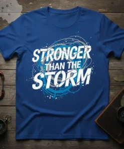 Stronger Than The Storm quote in bold white text on a blue t-shirt with abstract circular graphics and paint splatters