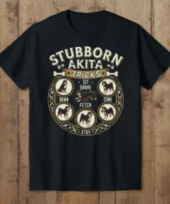 STUBBORN AKITA TRICKS SIT text design featuring creative typography on quality t-shirt
