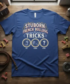 Stubborn French Bulldog Tricks T-Shirt featuring the quote "STUBBORN FRENCH BULLDOG TRICKS SIT COME STAY" with illustrations of French Bulldogs