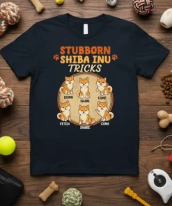 Stubborn Shiba Inu Tricks T-Shirt featuring six cute Shiba Inu illustrations demonstrating different commands like Down, Shake, Fetch, and Come