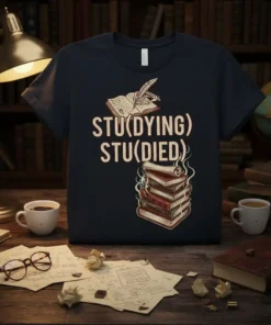STU(DYING) STU(DIED) text design with stacked books and quill on a dark t-shirt, humorous academic theme