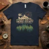 Stumble and Fall Hiking Society t-shirt with humorous quote about hiking mishaps and a mountain graphic