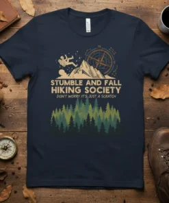 Stumble and Fall Hiking Society t-shirt with humorous quote about hiking mishaps and a mountain graphic