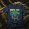 Stupid Tree disc golf t-shirt design featuring a basket, frisbees, and forest background