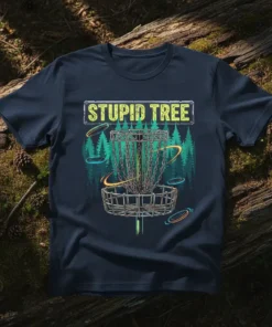 Stupid Tree disc golf t-shirt design featuring a basket, frisbees, and forest background