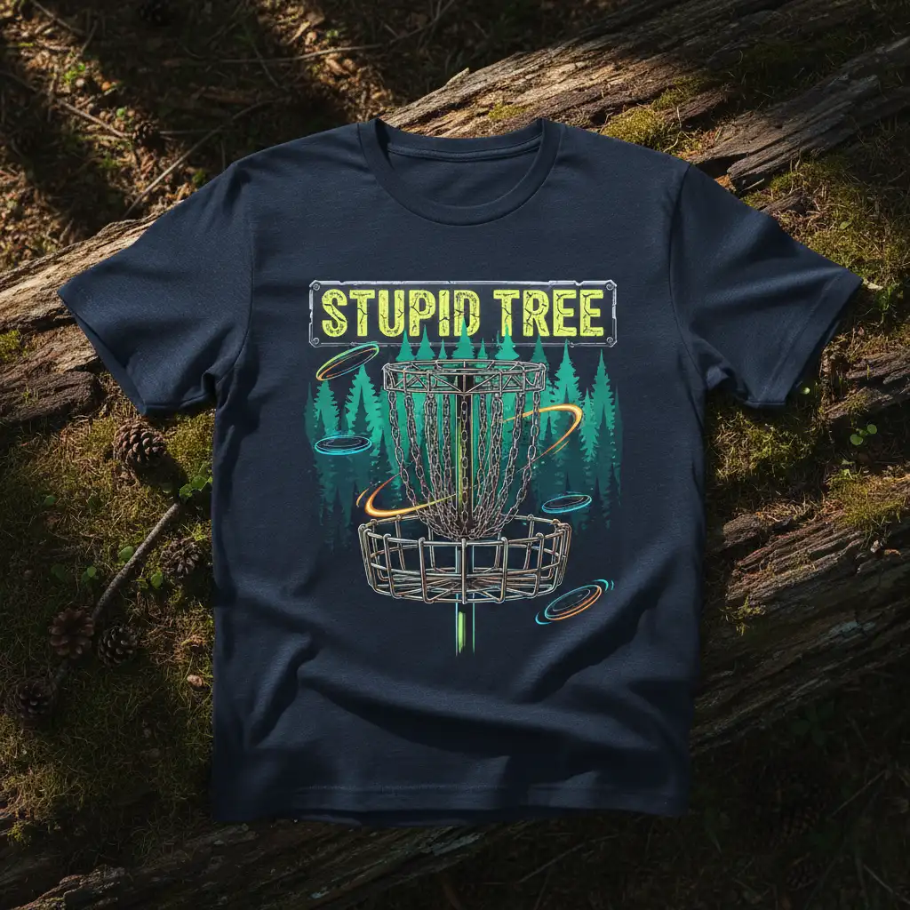Stupid Tree humorous disc golf quote on a t-shirt with basket and forest graphic
