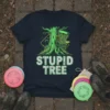 Stupid Tree t-shirt design featuring a stylized tree and disc golf basket graphic with bold text