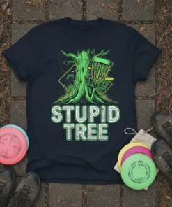 Stupid Tree t-shirt design featuring a stylized tree and disc golf basket graphic with bold text
