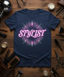 Navy blue t-shirt with the word "Stylist" in glowing pink neon text, surrounded by a circular design of combs and