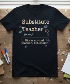 Substitute Teacher definition t-shirt in black, featuring colorful text that reads "Substitute Teacher (noun) 1. like a normal teacher, but