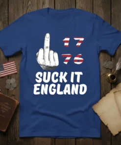 Suck It England 1776 patriotic t-shirt design with a middle finger graphic and American flag accents