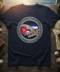 Sueño y Sin Vacunar text with Cuban flag and island map graphic on a navy blue t-shirt
