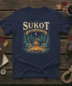 Sukot The Original Camping Festival t-shirt design featuring a campfire, tents, and pine trees under a starry night sky