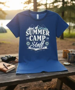 Summer Camp Staff 2020 T-Shirt with mountain and tree graphic, navy blue