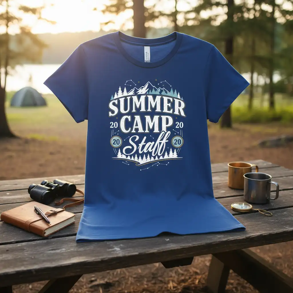 Summer Camp Staff 2020 graphic tee featuring mountains and trees, navy blue apparel