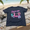 Summer vibes text with a black cat on a pink flamingo float, sunglasses, and flip-flops