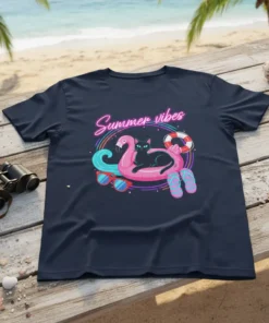 Summer vibes text with a black cat on a pink flamingo float, sunglasses, and flip-flops