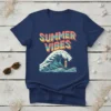 Summer Vibes text with a retro wave and surfboard graphic on a navy t-shirt