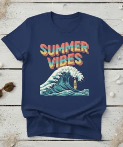 Summer Vibes text with a retro wave and surfboard graphic on a navy t-shirt