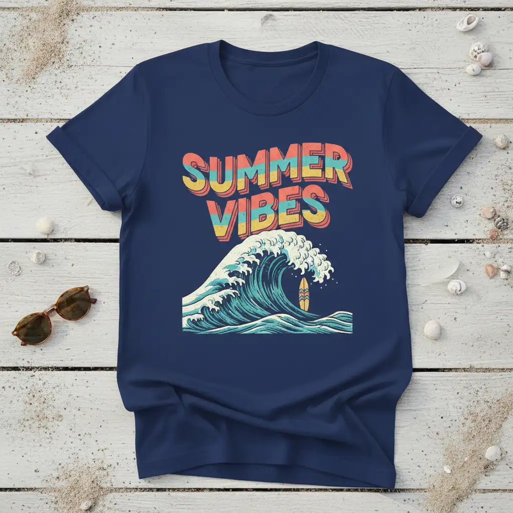 Summer Vibes text in retro font with a crashing wave and surfboard graphic on a navy t-shirt