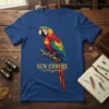 Sun Conure parrot design with text "SUN CONURE" in gold, featuring a colorful bird perched on a branch