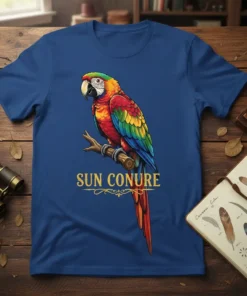 Sun Conure parrot design with text "SUN CONURE" in gold, featuring a colorful bird perched on a branch
