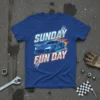 Sunday Fun Day t-shirt with a blue sports car, flames, and checkered flag accents