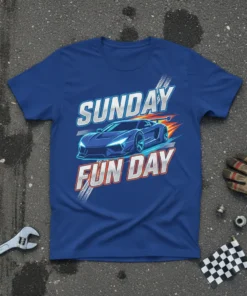 Sunday Fun Day t-shirt with a blue sports car, flames, and checkered flag accents