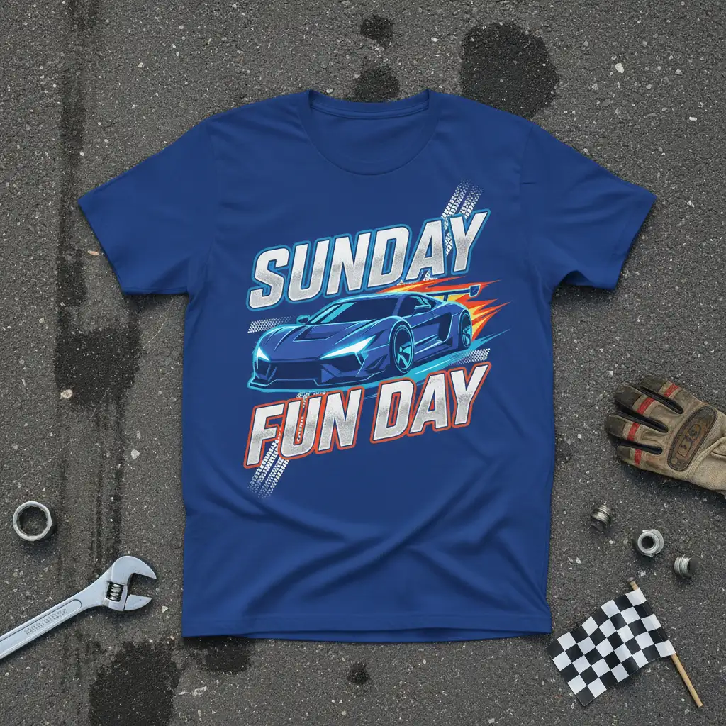 Sunday Fun Day racing car graphic tee with bold typography and fiery accents