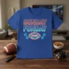Sunday Funday text with neon football and stars graphic on a blue t-shirt, perfect for game day football fans