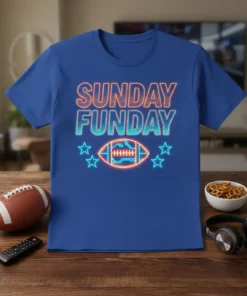 Sunday Funday text with neon football and stars graphic on a blue t-shirt, perfect for game day football fans