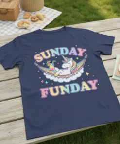 Sunday Funday text with a relaxed unicorn in a hammock on a navy blue t-shirt