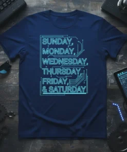 Circuit board design listing days: Sunday, Monday, Wednesday, Thursday, Friday, & Saturday on a navy t-shirt
