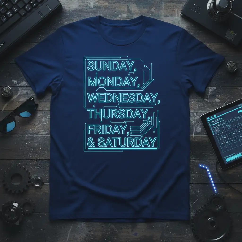 Circuit board graphic listing SUNDAY, MONDAY, WEDNESDAY, THURSDAY, FRIDAY, & SATURDAY on a dark blue tee
