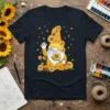 Sunflower Gnome T-Shirt design featuring a cute gnome sitting with sunflowers and stars, dark navy background