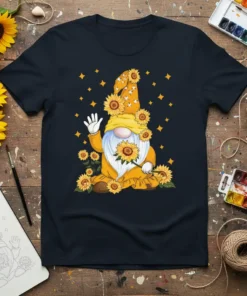 Sunflower Gnome T-Shirt design featuring a cute gnome sitting with sunflowers and stars, dark navy background
