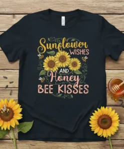 Sunflower Wishes AND Honey BEE KISSES text with sunflower and bee graphics on a black t-shirt