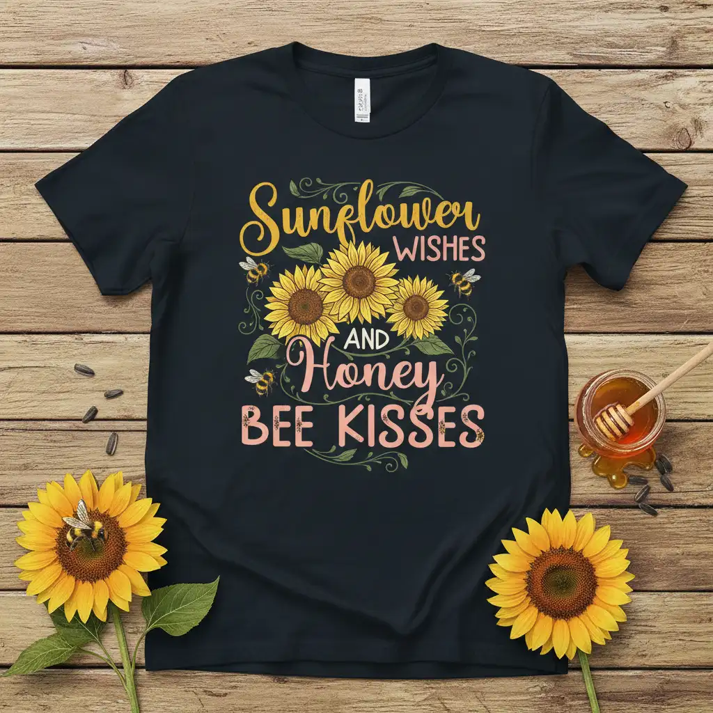 Sunflower Wishes AND Honey BEE KISSES quote with sunflowers and bees on a black tee