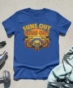 Suns Out Guns Out text with a muscular man flexing arms on a vintage sunset background, printed on a blue