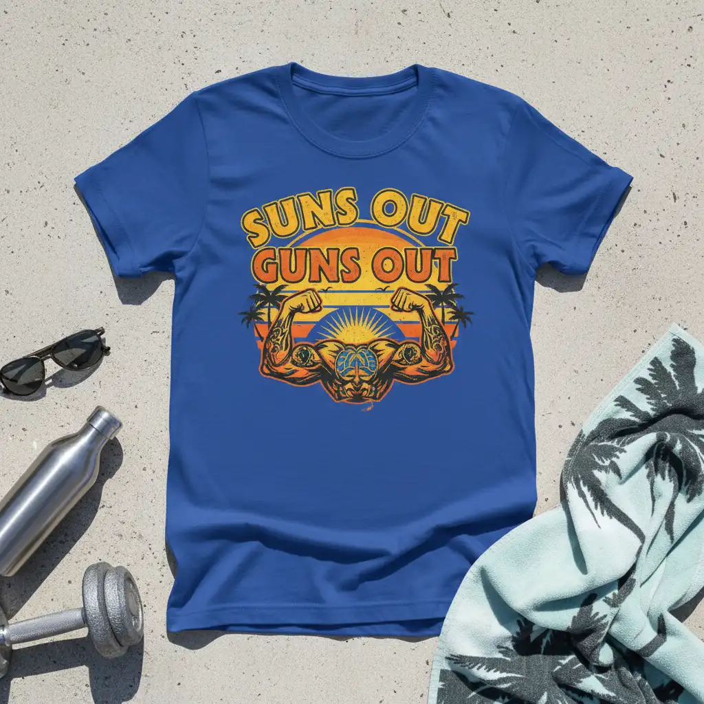 Suns Out Guns Out text with graphic of muscular man flexing arms, vintage sunset design on blue t-shirt