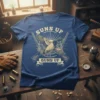 Suns Up Guns Up t-shirt design featuring a mallard duck in flight between two crossed hunting rifles, with a sunburst