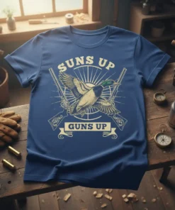 Suns Up Guns Up t-shirt design featuring a mallard duck in flight between two crossed hunting rifles, with a sunburst