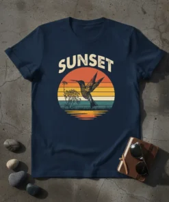 Sunset Hummingbird detailed graphic design printed on comfortable cotton t-shirt