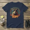 SUP? text with cool capybara wearing sunglasses on a navy t-shirt, surrounded by tribal-like graphics