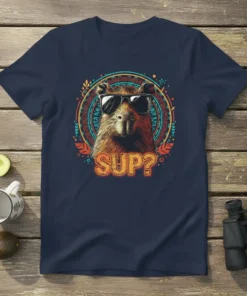 SUP? text with cool capybara wearing sunglasses on a navy t-shirt, surrounded by tribal-like graphics